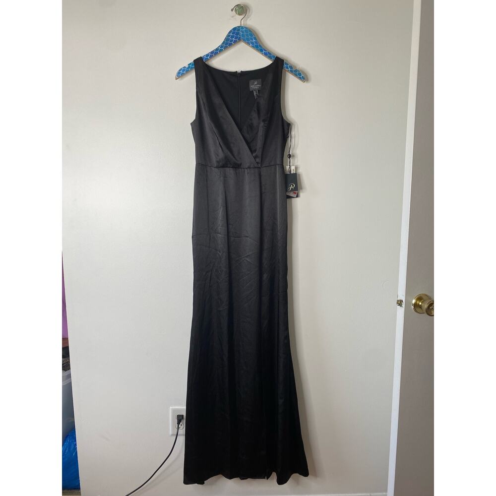 New ADRIANNA PAPELL Black Hammered Satin Slit Maxi Evening Gown Dress Size 2 - Picture 13 of 13